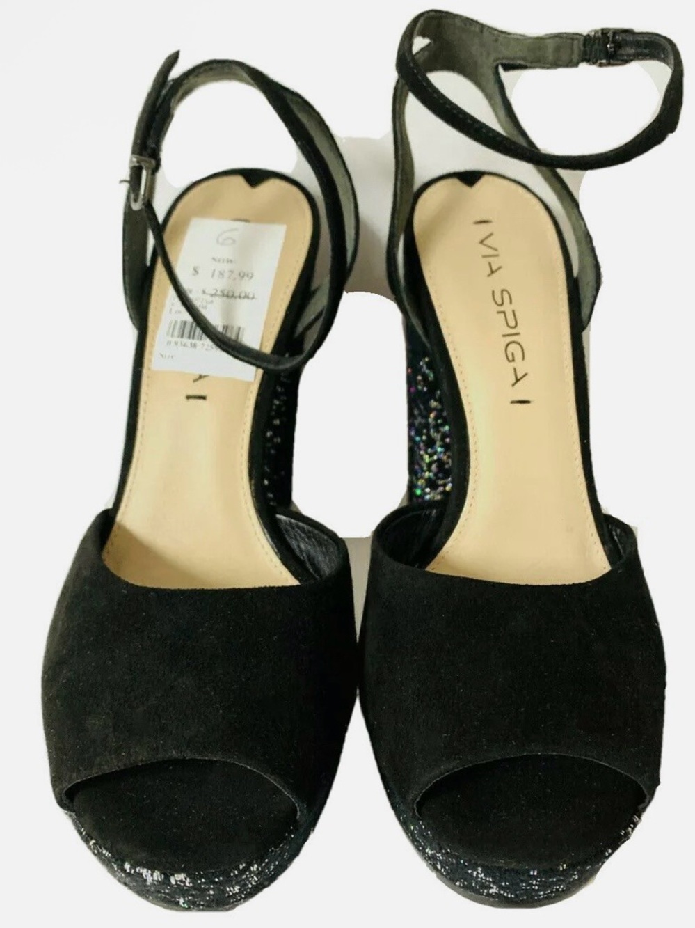 Via Spiga Black Suede Open-Toe Ankle-Strap Platforms with Sparkle heels